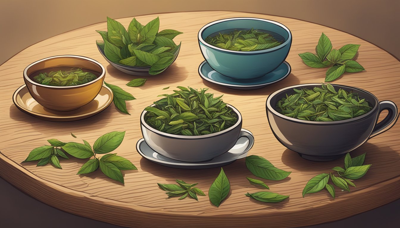 A variety of tea leaves in different colors and sizes, neatly arranged on a wooden table with a steaming cup of tea in the background