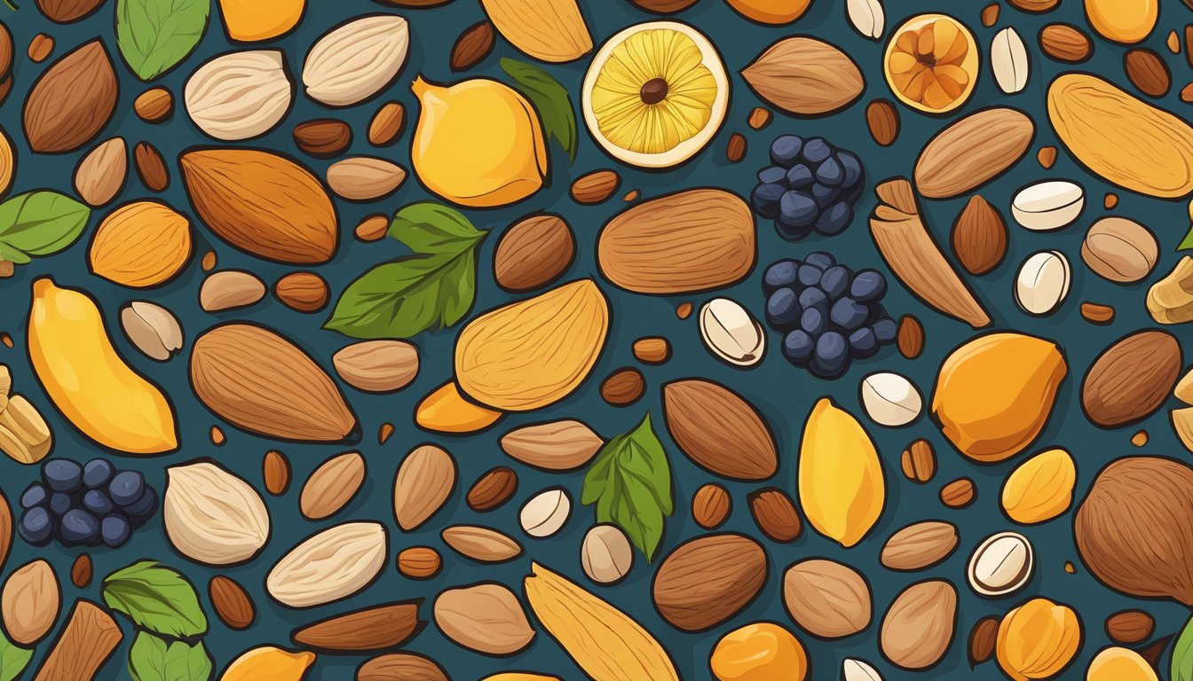 A colorful assortment of nuts, seeds, and dried fruits arranged in a clear, airtight container. The mix is surrounded by a variety of environmental factors, such as temperature, light, and humidity, influencing its freshness and quality