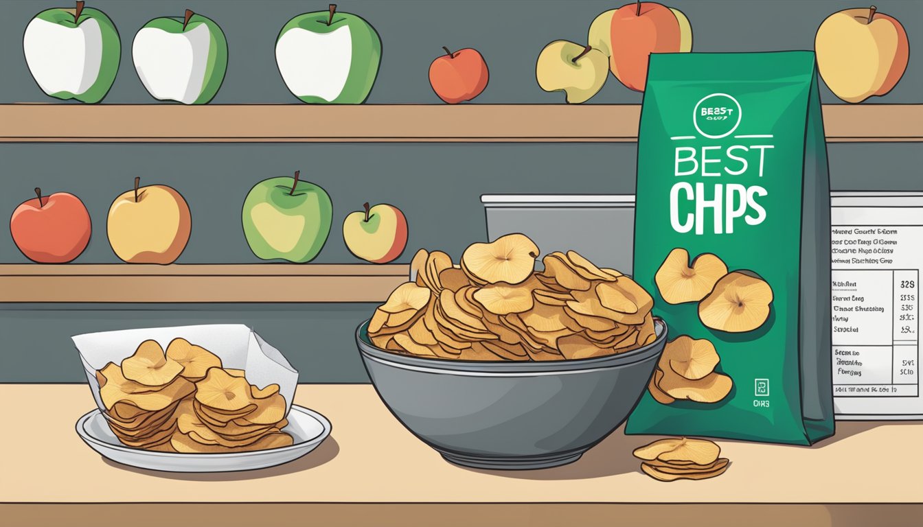 A bowl of apple chips sits on a shelf with a "best by" date label. Some chips are starting to show signs of spoilage