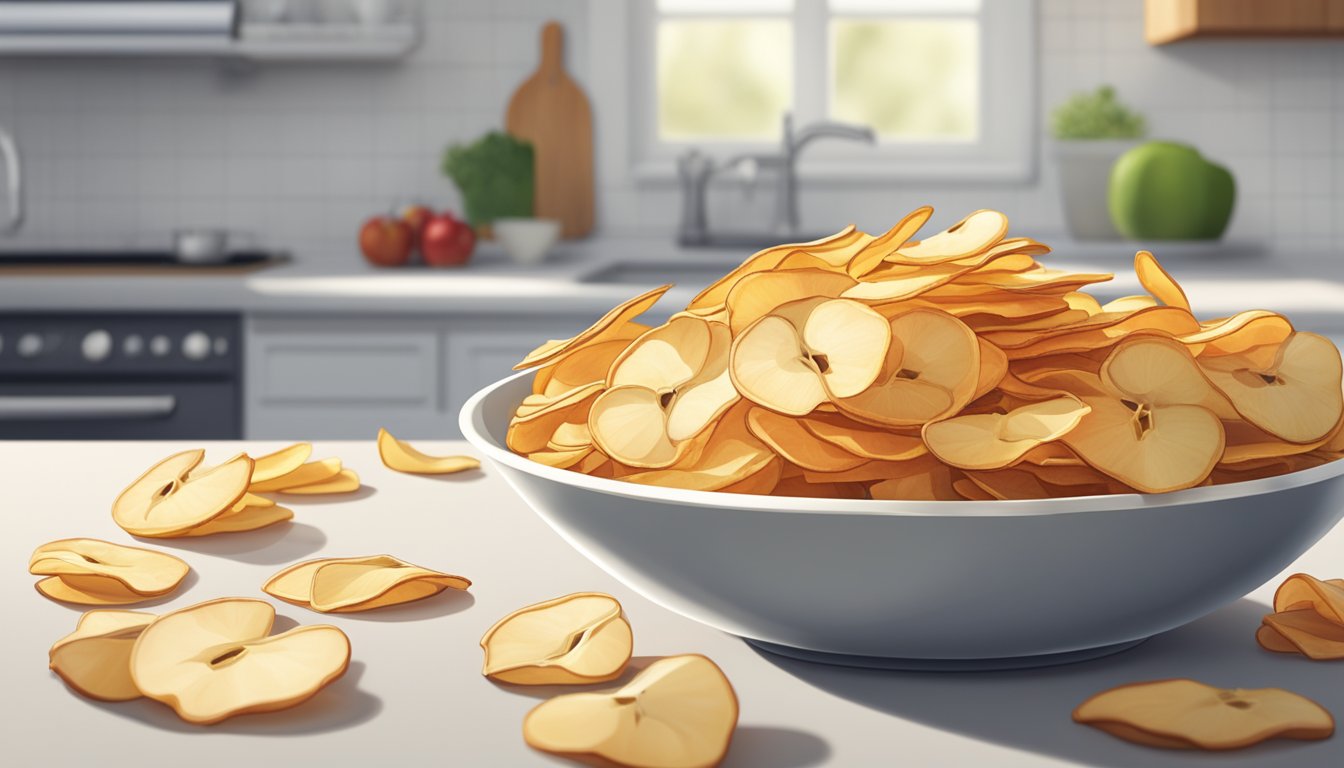 A bowl of apple chips sits on a clean, well-lit kitchen counter. The chips are neatly arranged and appear fresh and crisp, with no signs of spoilage