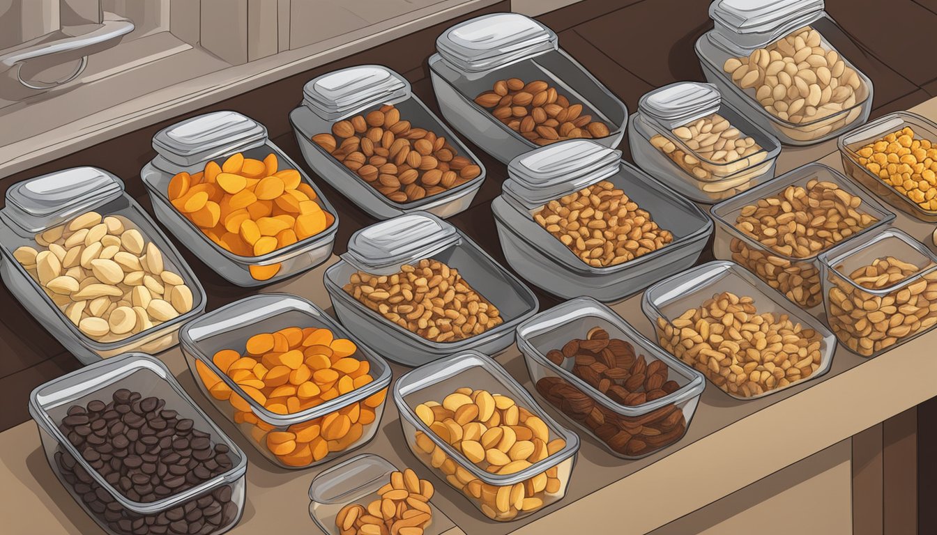 A kitchen counter displays a variety of nuts, dried fruits, and chocolate chips. Jars and containers are neatly arranged for storing homemade trail mix