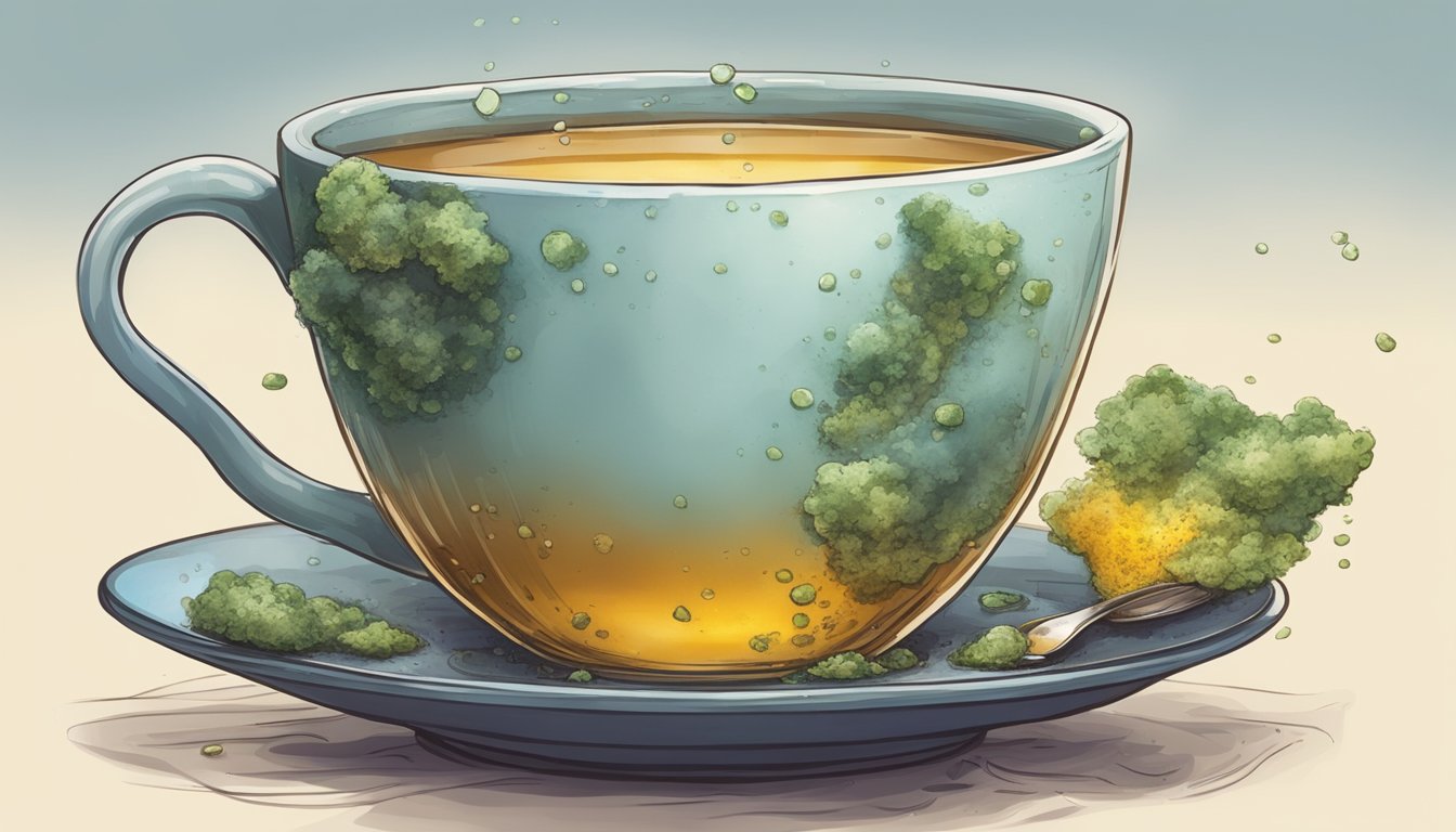 A cup of tea left out for too long, with mold beginning to form on the surface