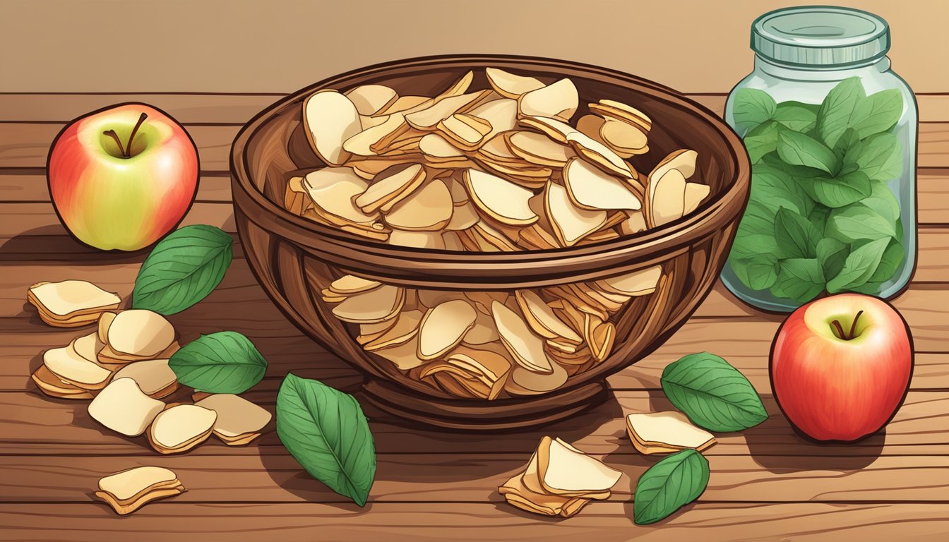 A bowl of apple chips arranged in a decorative pattern, with a few chips scattered on a wooden table next to a jar of cinnamon sticks and a sprig of fresh mint