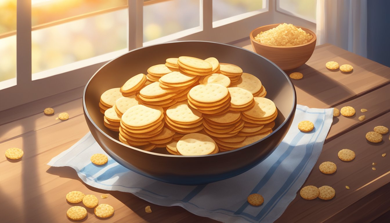 A bowl of rice crackers sits on a wooden table, surrounded by scattered crumbs. Sunlight filters through a nearby window, casting a warm glow on the crunchy snacks