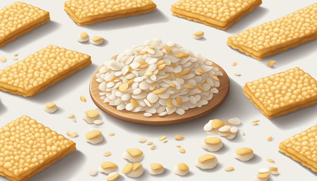 A pile of rice crackers on a clean, white surface, surrounded by scattered grains of rice. Some crackers are broken, others have a golden, crispy texture