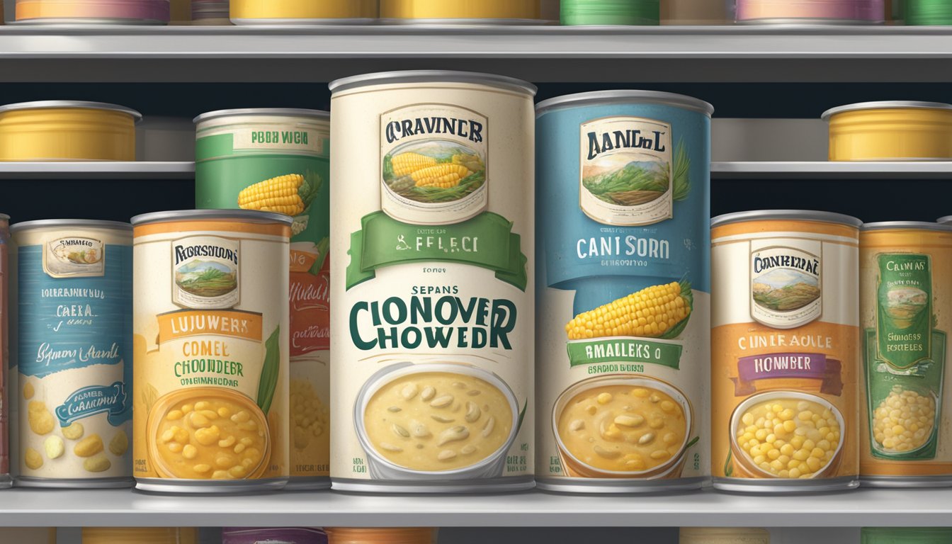 A can of corn chowder sits on a shelf, surrounded by other canned goods. The label is slightly faded, and there is a layer of dust on top