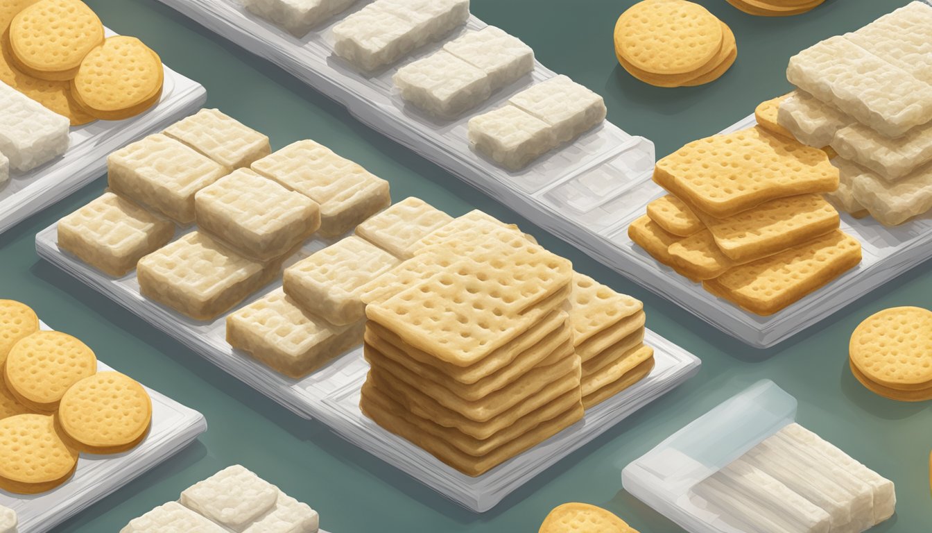 A stack of rice crackers sits on a shelf, surrounded by varying temperatures and humidity levels. Some are exposed to sunlight, while others are sealed in airtight packaging