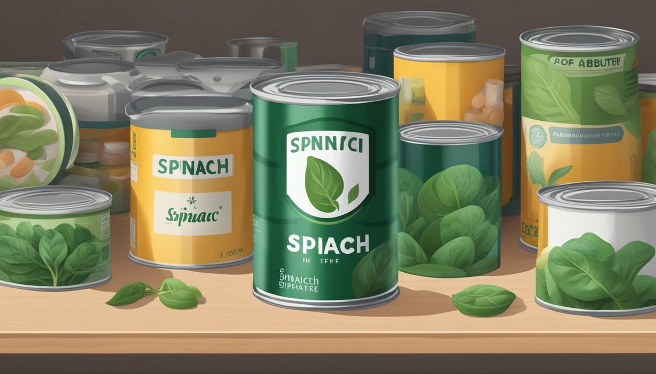 An open can of spinach with a faded expiration date on the label, surrounded by other expired canned goods in a cluttered pantry