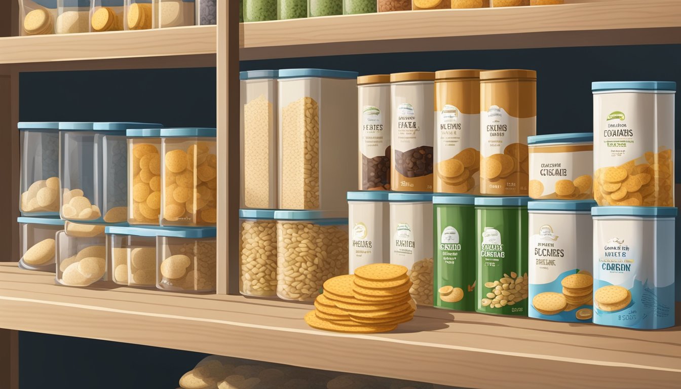 A pantry shelf with neatly organized containers of rice crackers, some open and partially eaten, others still sealed