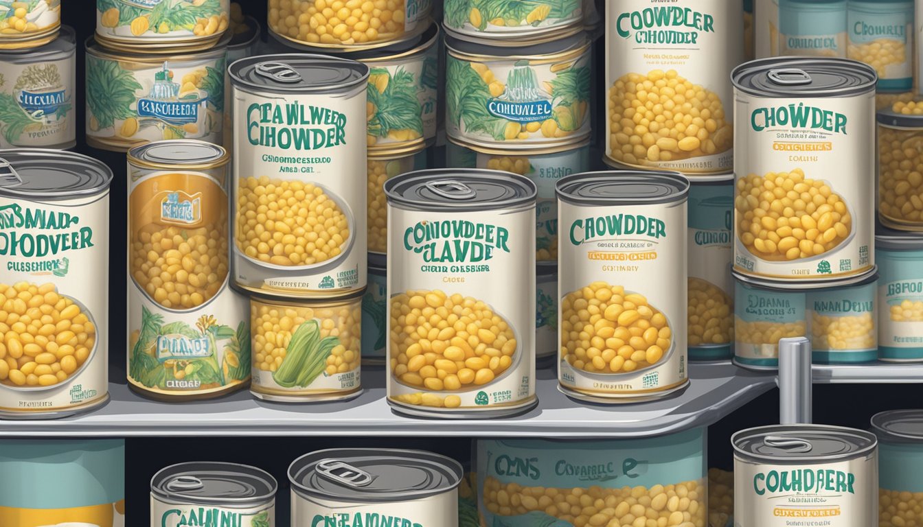 A can of corn chowder sits on a shelf, surrounded by other canned goods. The label is clean and undamaged, with no signs of bulging or rust