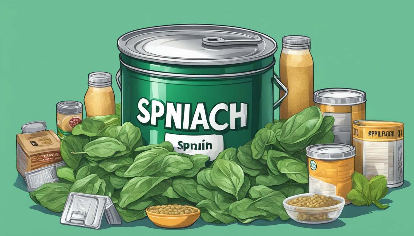 A pile of expired canned spinach with a faded expiration date, surrounded by other expired food items and a trash bin