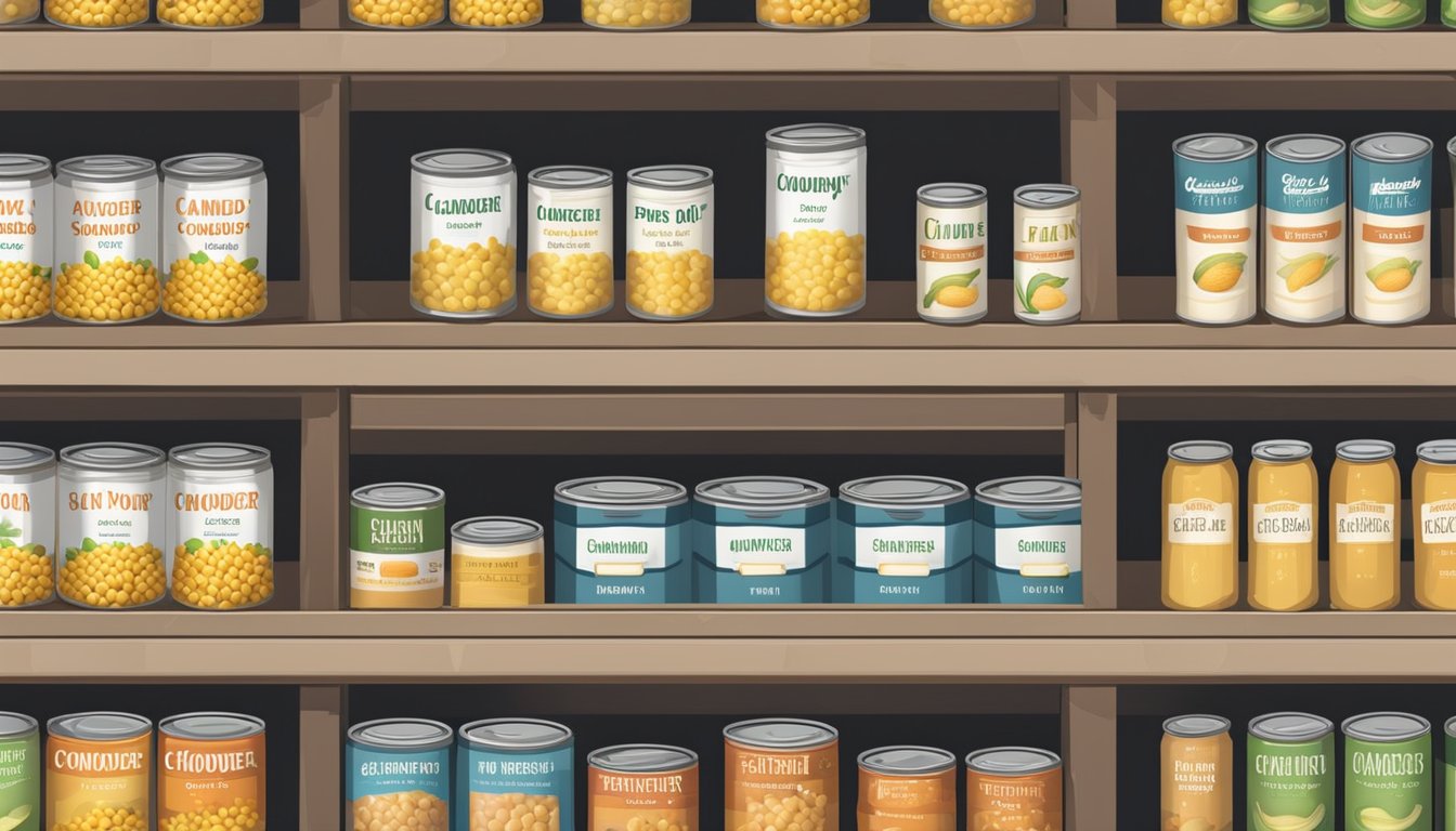 A pantry with neatly organized shelves of canned goods, including rows of labeled canned corn chowder, all stored in a cool, dry place