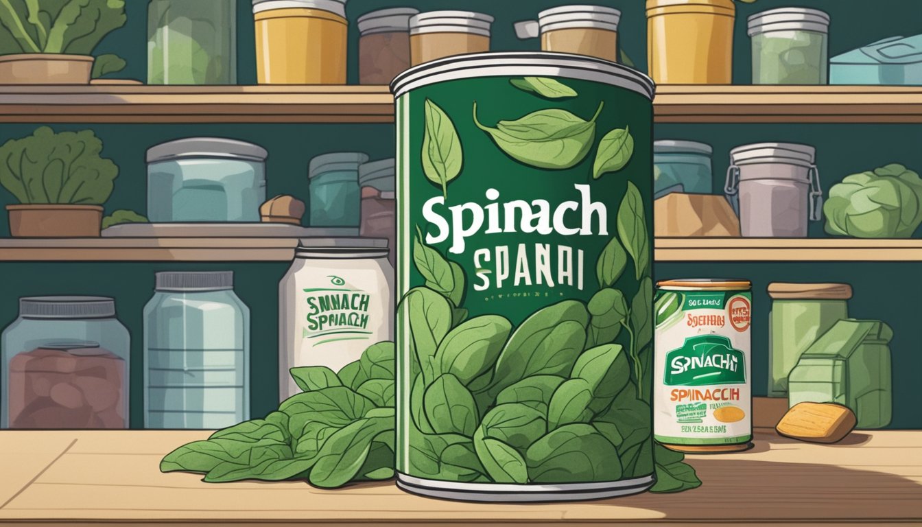 A dusty can of spinach sits on a cluttered pantry shelf, surrounded by other expired goods