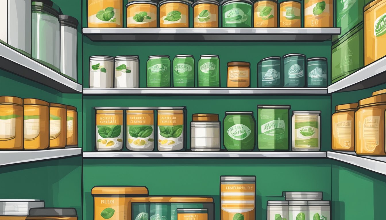 A pantry shelf with neatly organized canned goods, including a can of spinach, in a cool, dry environment