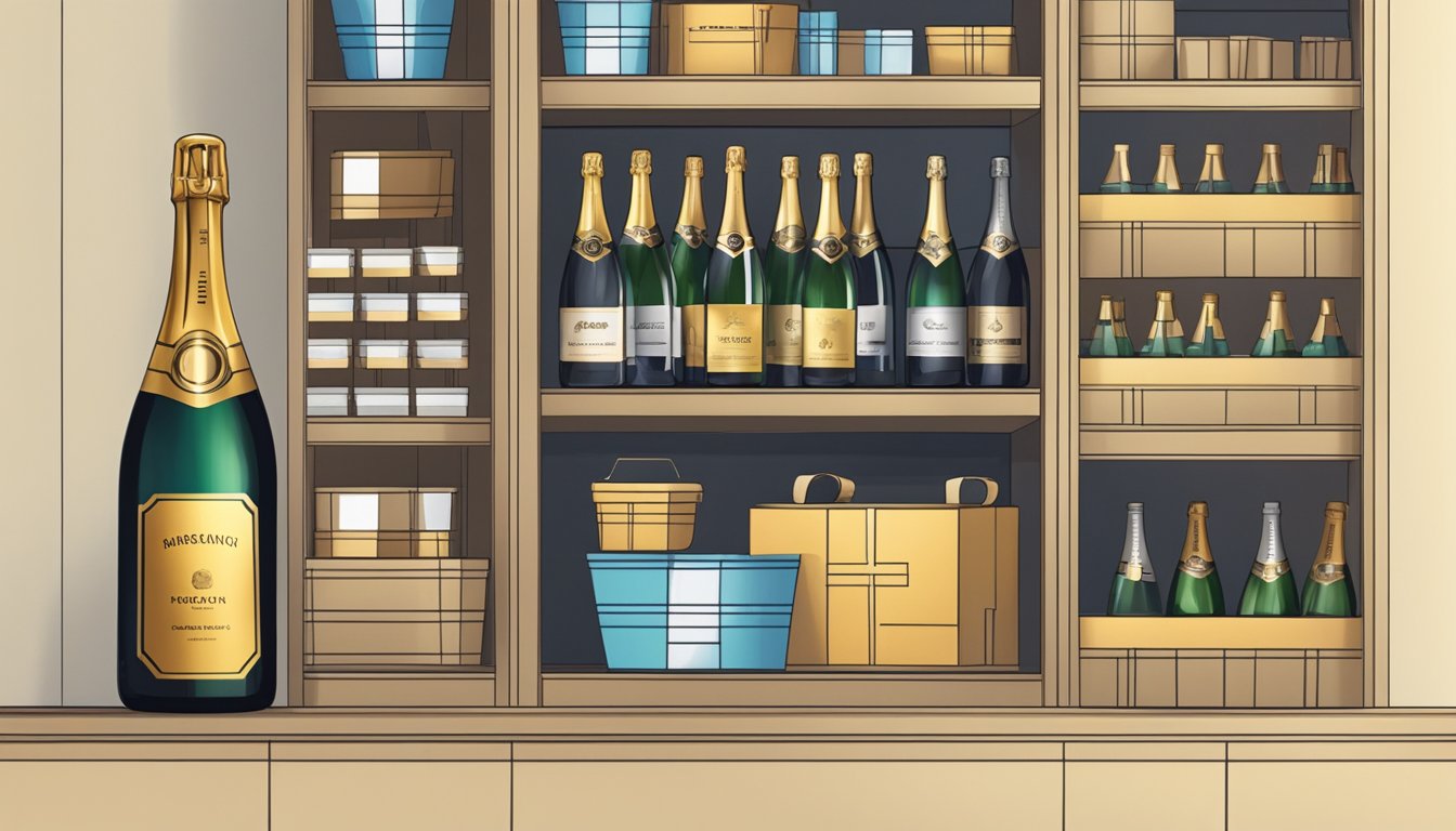 An open bottle of champagne sits on a shelf surrounded by various storage containers and boxes