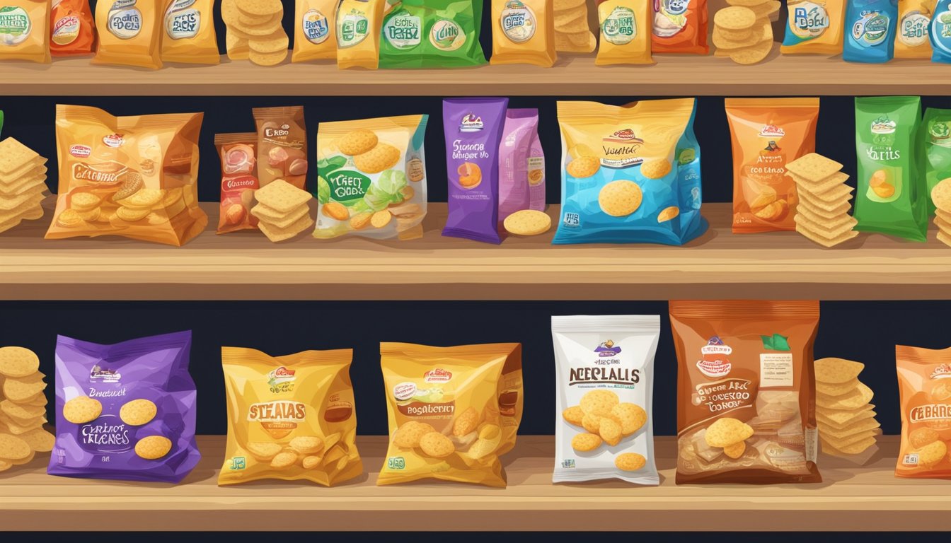 A sealed package of rice crackers sits on a shelf, surrounded by other snacks. The crackers appear fresh and intact, with no signs of spoilage