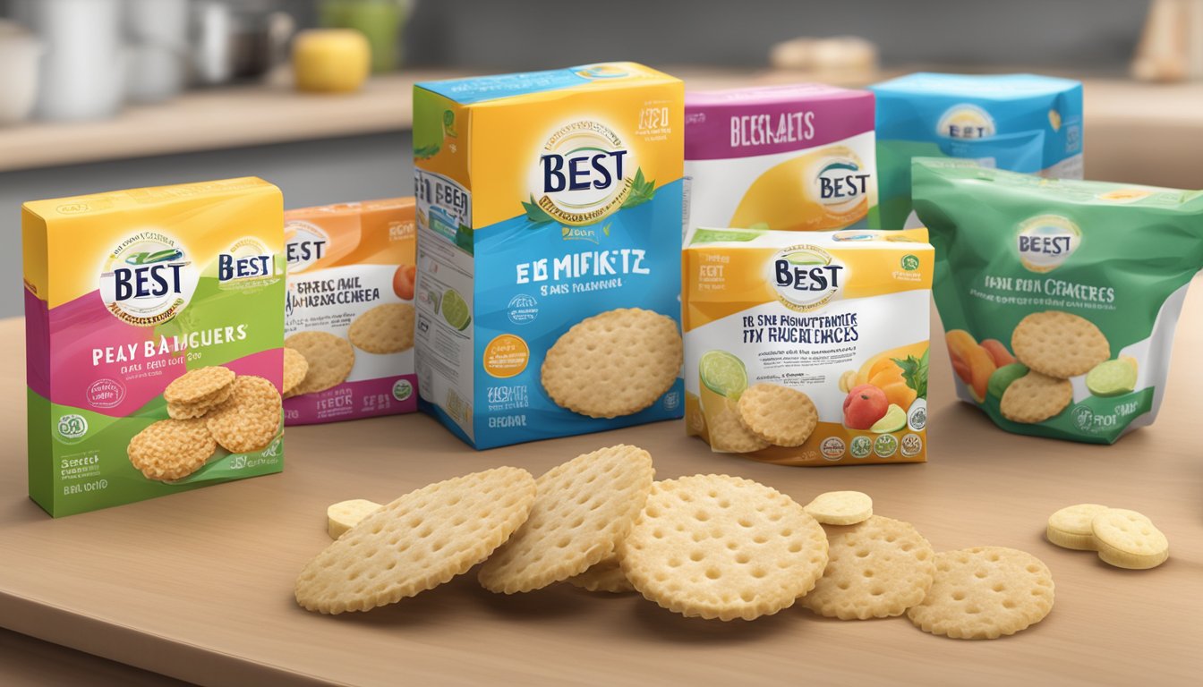 A pack of rice crackers sits on a kitchen counter, with a "best by" date visible on the packaging. An assortment of healthy snacks and fruits are displayed nearby