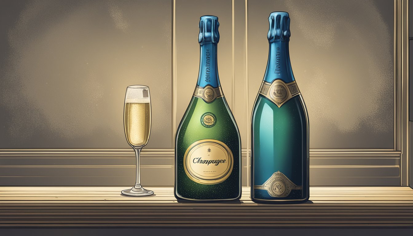 A dusty bottle of champagne sits untouched on a shelf, its once vibrant label faded and peeling. The liquid inside has lost its effervescence, the bubbles now barely visible