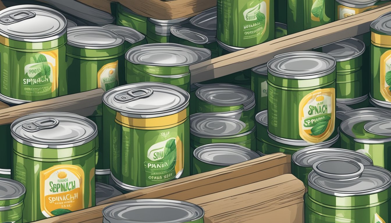 An open can of spinach with a visible expiration date, surrounded by other canned goods on a pantry shelf