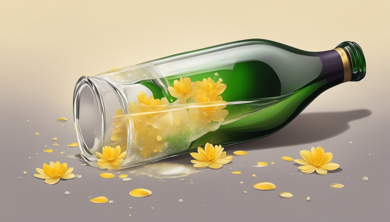 A tipped over champagne bottle with spilled liquid and wilted flowers nearby