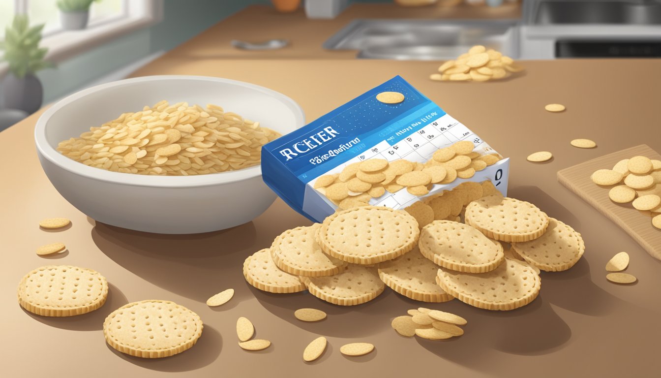 A pile of rice crackers sits on a kitchen counter, next to a calendar showing the current date. Some crackers are spilling out of an open package