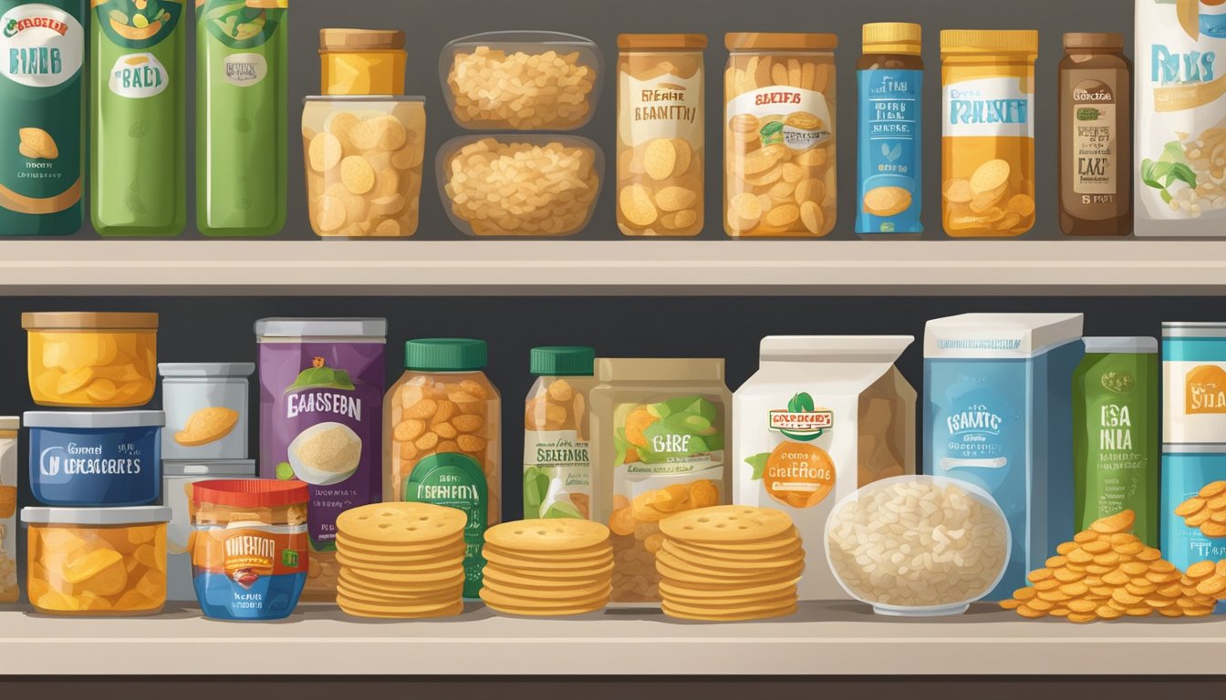 A pantry shelf with a tightly sealed container of rice crackers, surrounded by other non-perishable food items