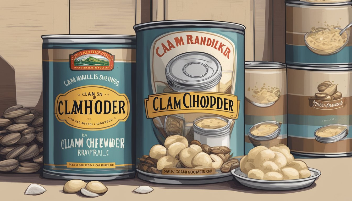 A can of clam chowder sits on a shelf, surrounded by other canned goods. The label is faded, and the can appears dented and slightly rusted