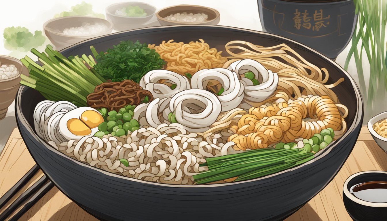 A bowl of udon noodles sits on a wooden table, surrounded by ingredients like soy sauce and green onions. Steam rises from the bowl, indicating that the noodles are freshly cooked