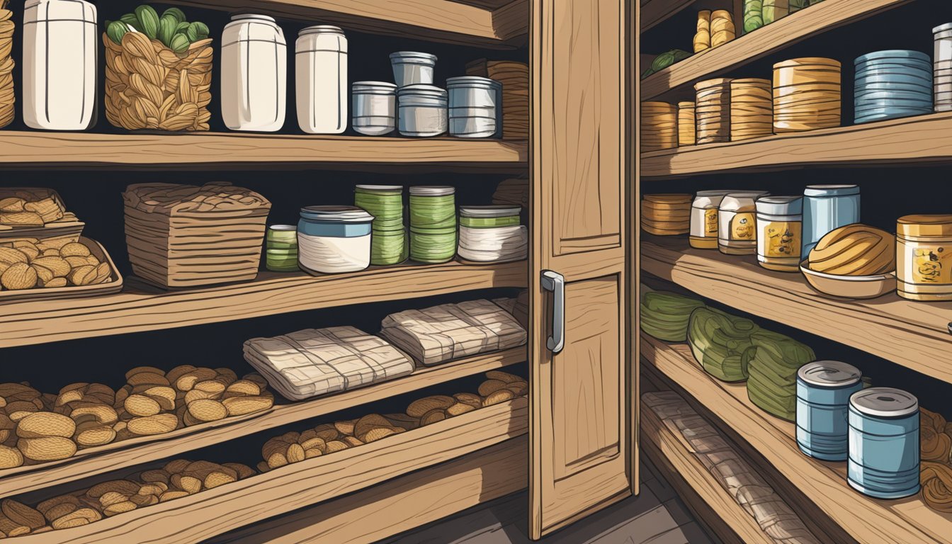 A package of udon noodles sits on a shelf in a pantry, surrounded by other dry goods