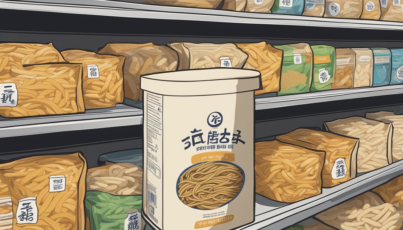 A package of udon noodles sits on a pantry shelf, surrounded by other dry goods. The expiration date is visible on the packaging