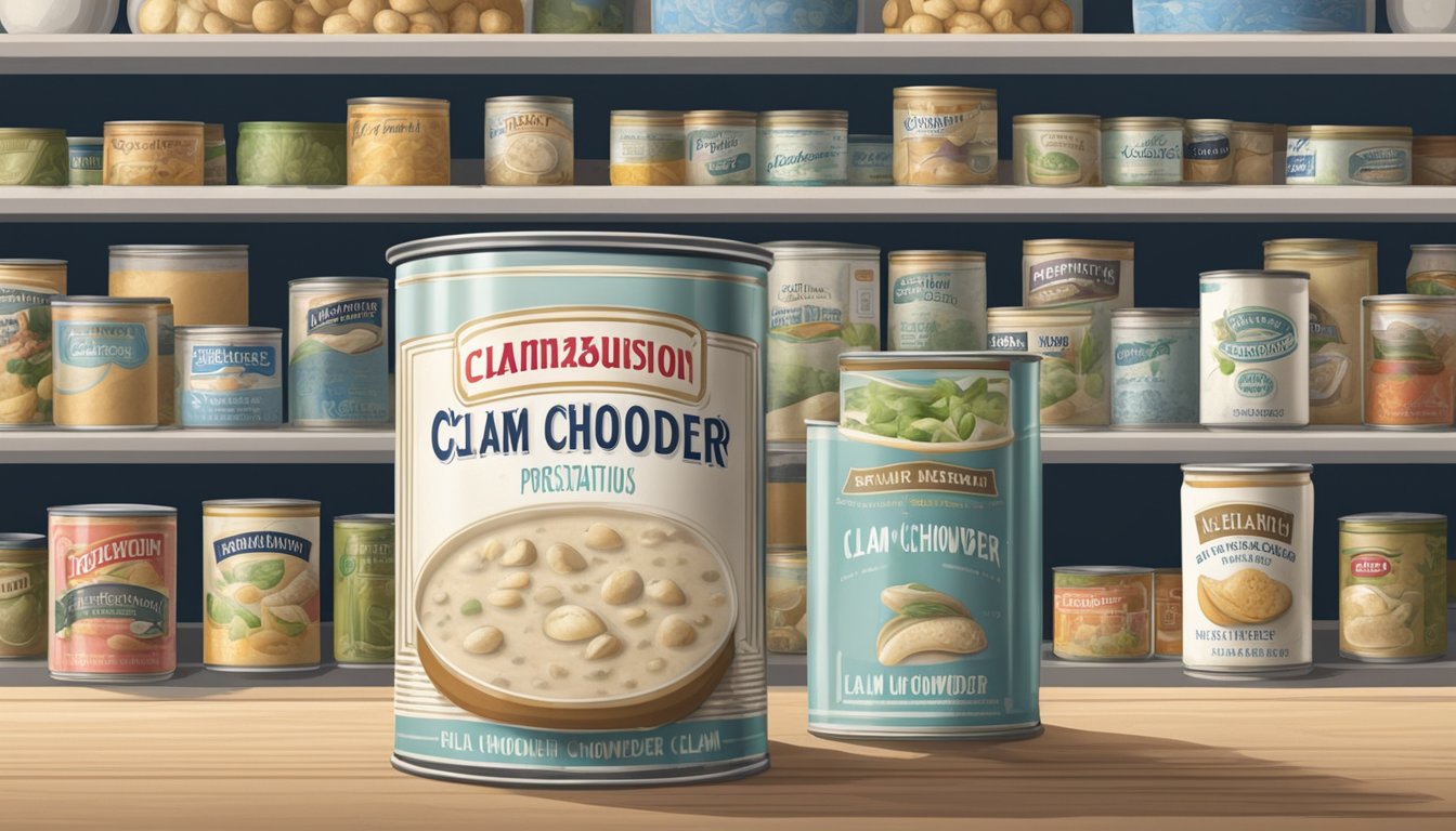 A can of clam chowder sits on a pantry shelf, surrounded by other canned goods. The label is faded and there is a layer of dust on top