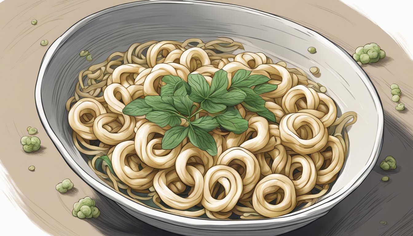 A bowl of udon noodles with mold growing on them