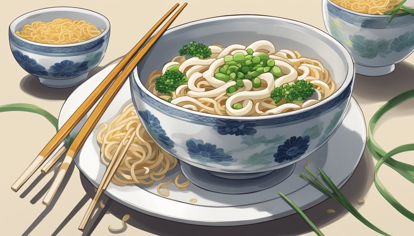 A bowl of udon noodles sits on a clean, white plate with steam rising from the freshly cooked noodles. The noodles are topped with green onions and sesame seeds, and a pair of chopsticks rests next to the bowl