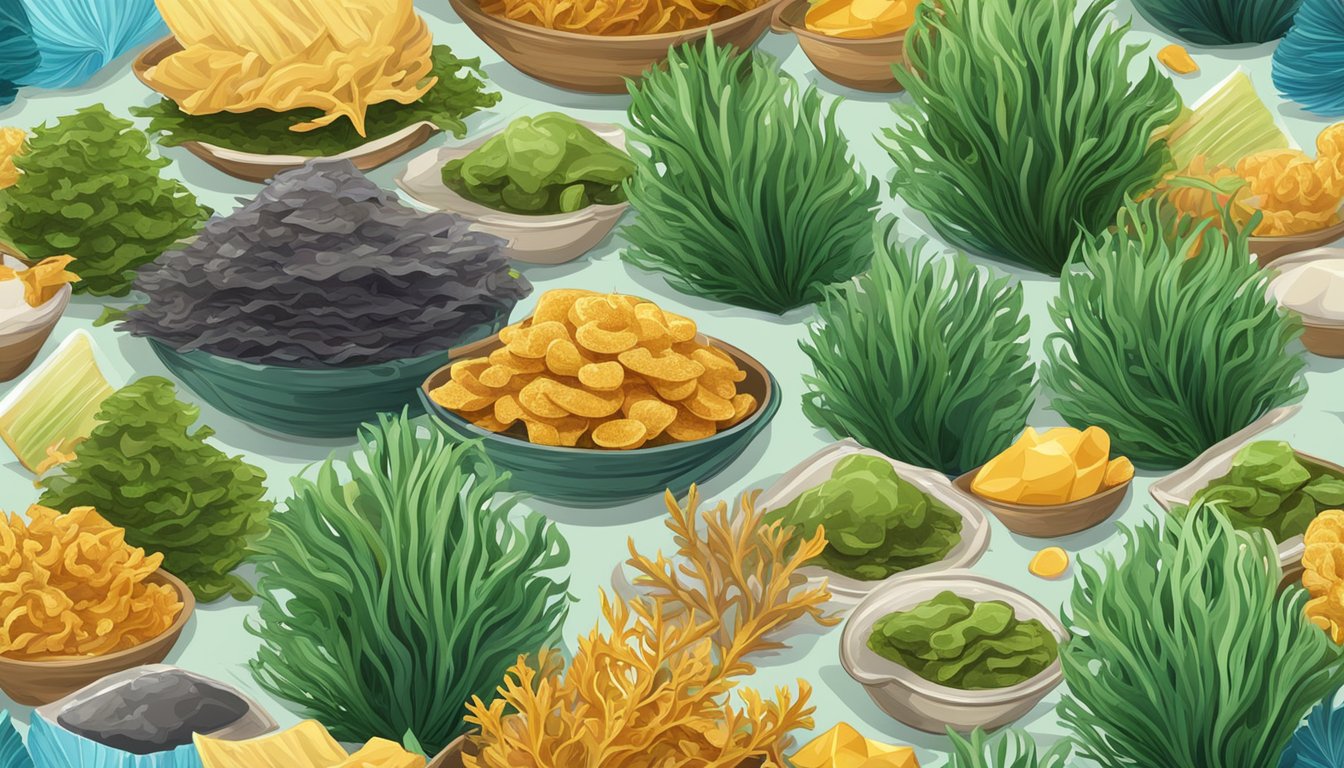 A pile of seaweed snacks with varying textures and colors, surrounded by a collection of seaweed and ocean elements