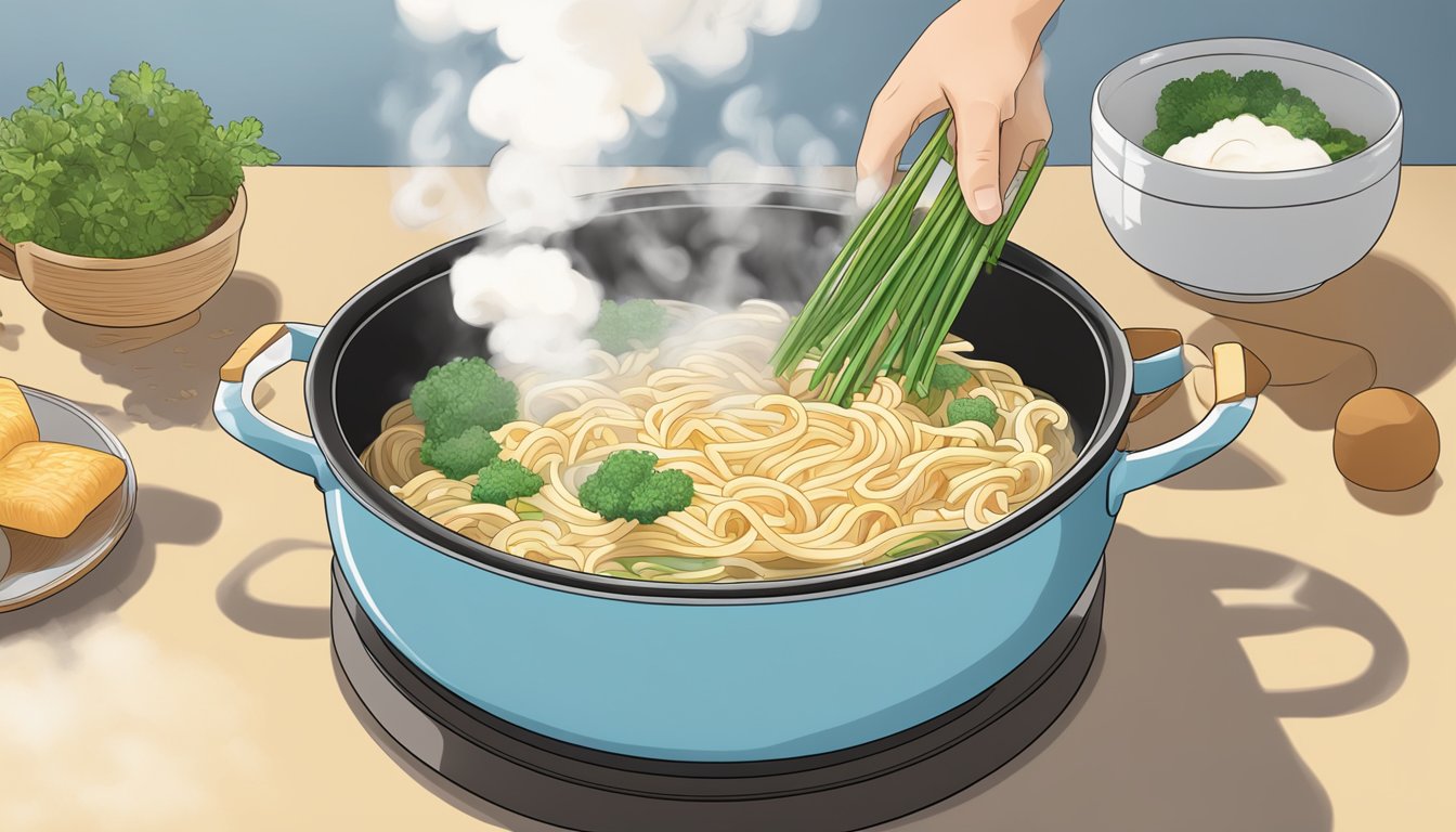 A pot of boiling water with udon noodles being added, steam rising