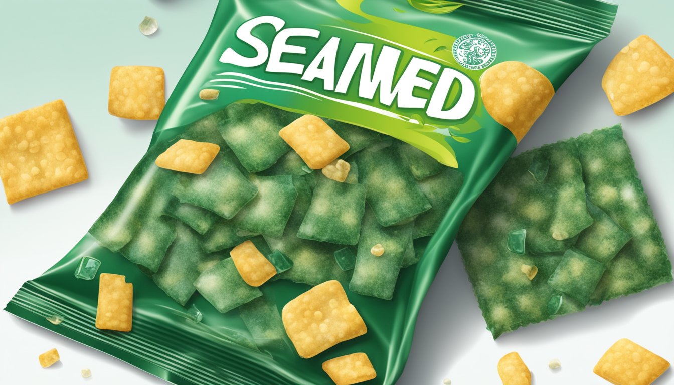 A package of seaweed snacks with visible signs of mold and discoloration