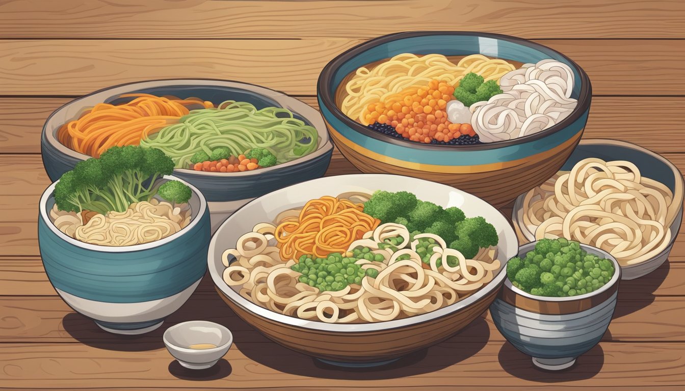 A steaming bowl of udon noodles with colorful toppings arranged in an aesthetically pleasing manner on a wooden table