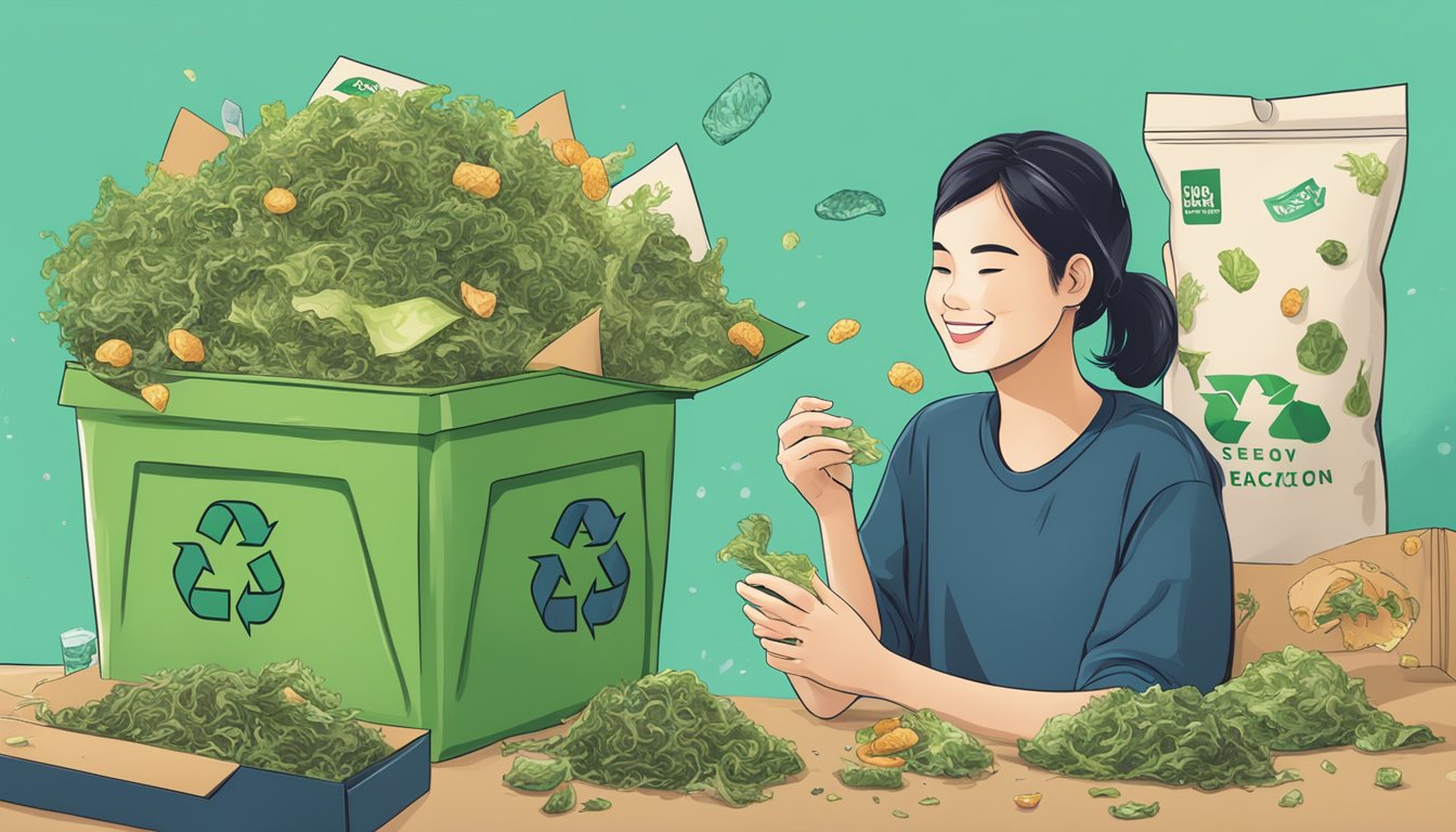 A person enjoying seaweed snacks while recycling the packaging