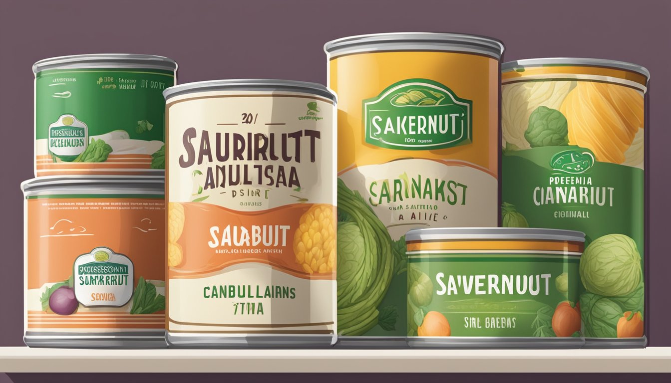 A can of sauerkraut sits on a shelf, surrounded by other canned goods. The label is crisp and clean, and the contents appear fresh and vibrant