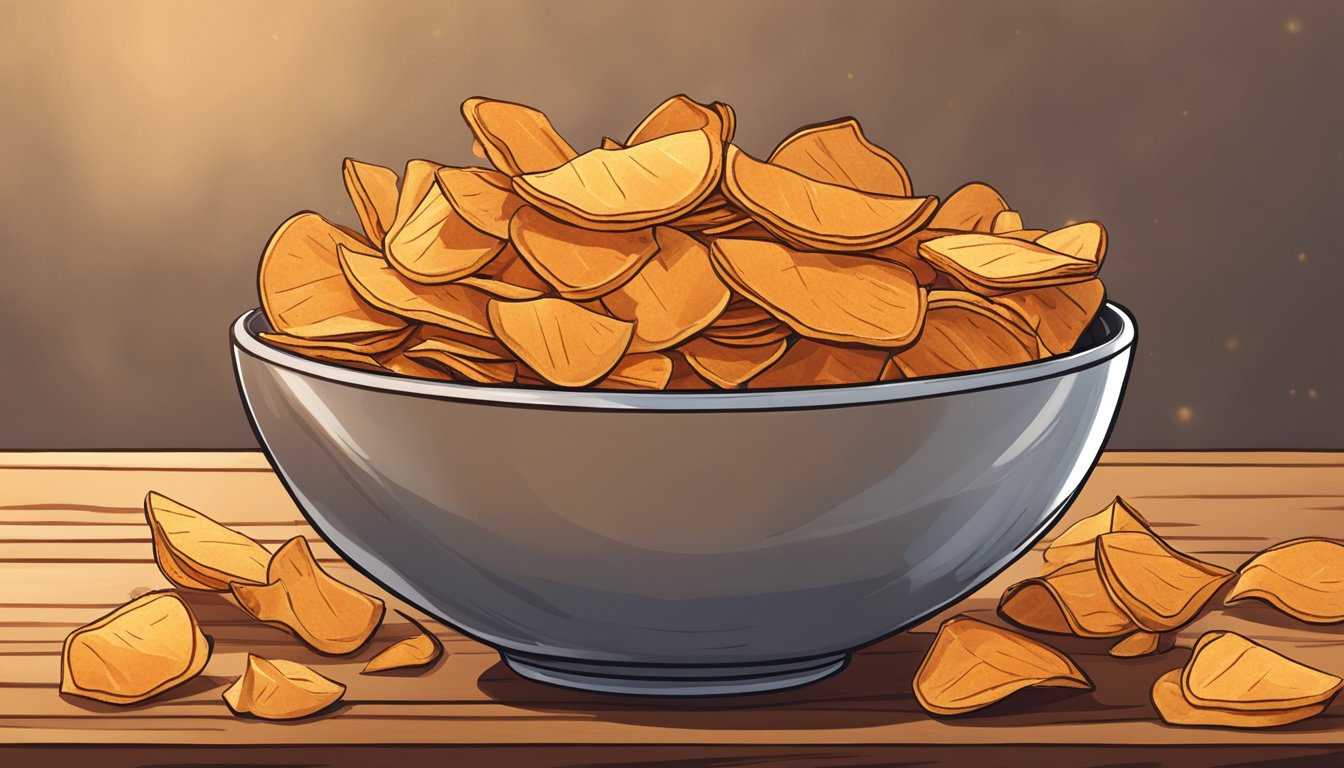 A bowl of sweet potato chips sits on a wooden table, with a few chips scattered around. The chips are golden brown and have a slightly crispy texture