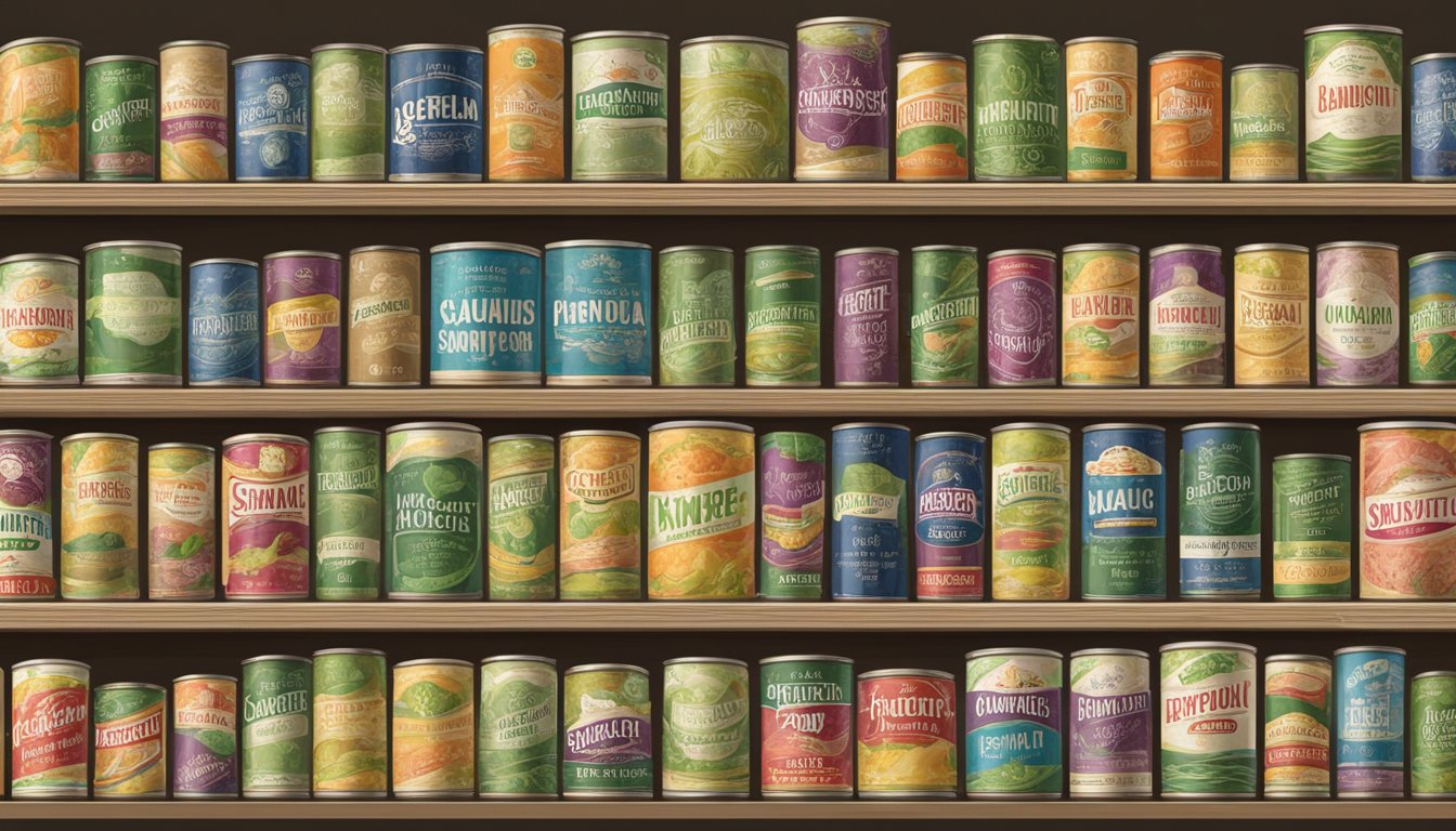 A variety of sauerkraut cans stacked on a shelf, some dented and dusty, with expiration dates ranging from recent to several years ago