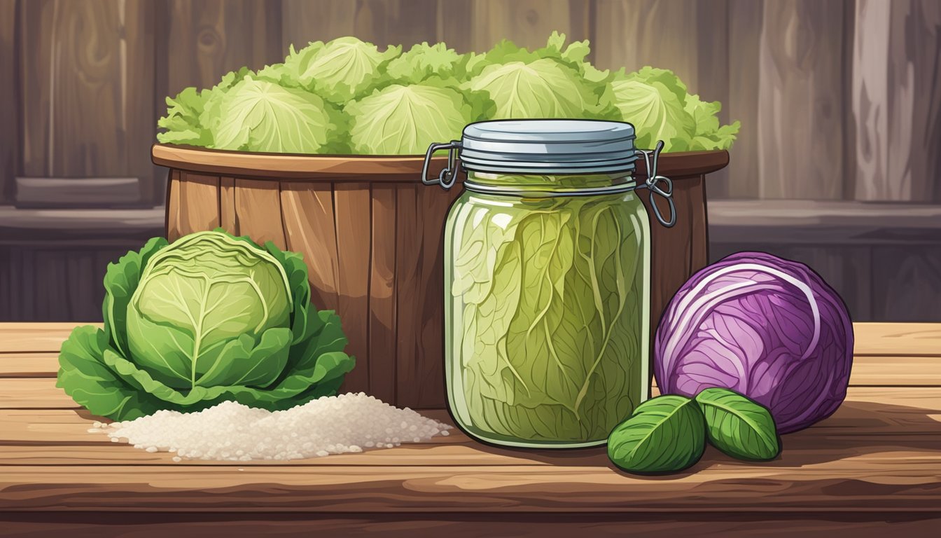 A jar of sauerkraut sits on a rustic wooden table, surrounded by fresh cabbage, salt, and a crock for fermenting. The vibrant green and tangy aroma suggest the benefits of fermented foods