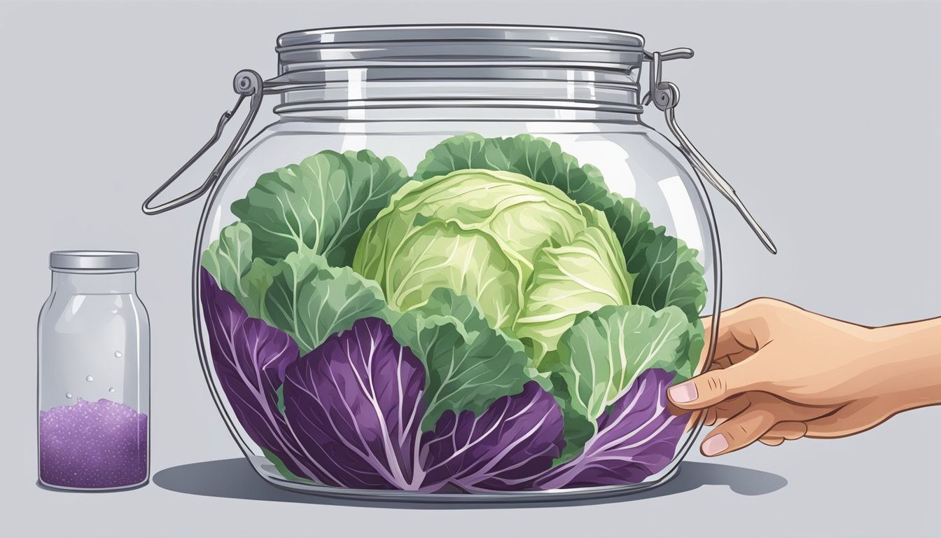 A person's hand pouring fresh cabbage and salt into a large glass jar, with a smaller weight on top to press it down