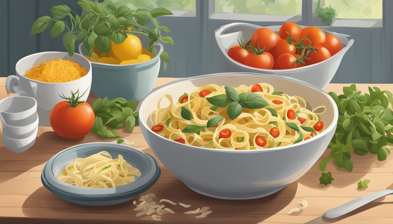 A bowl of fettuccine sits on a kitchen counter, surrounded by ingredients like tomatoes and herbs. A calendar on the wall shows the date