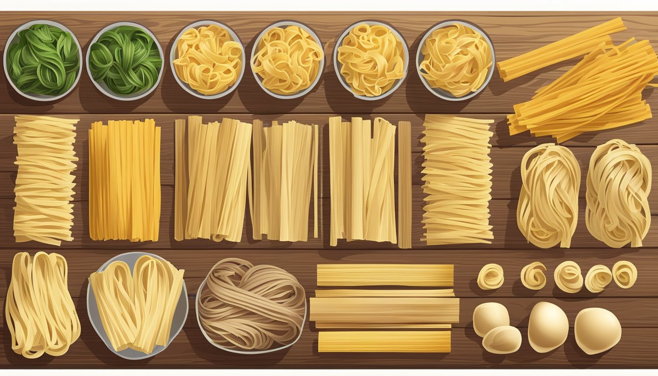 A variety of fettuccine noodles arranged in neat rows, some in packaging and others loose on a wooden cutting board