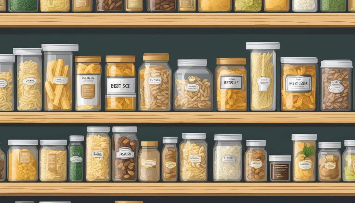 A pantry shelf with a sealed container of fettuccine pasta, surrounded by other dry goods and labeled with a "best by" date