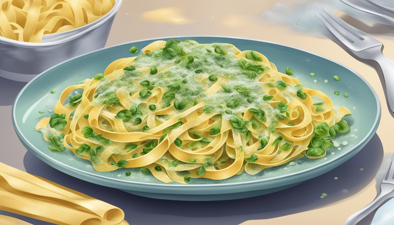 A plate of fettuccine covered in mold and emitting a foul odor