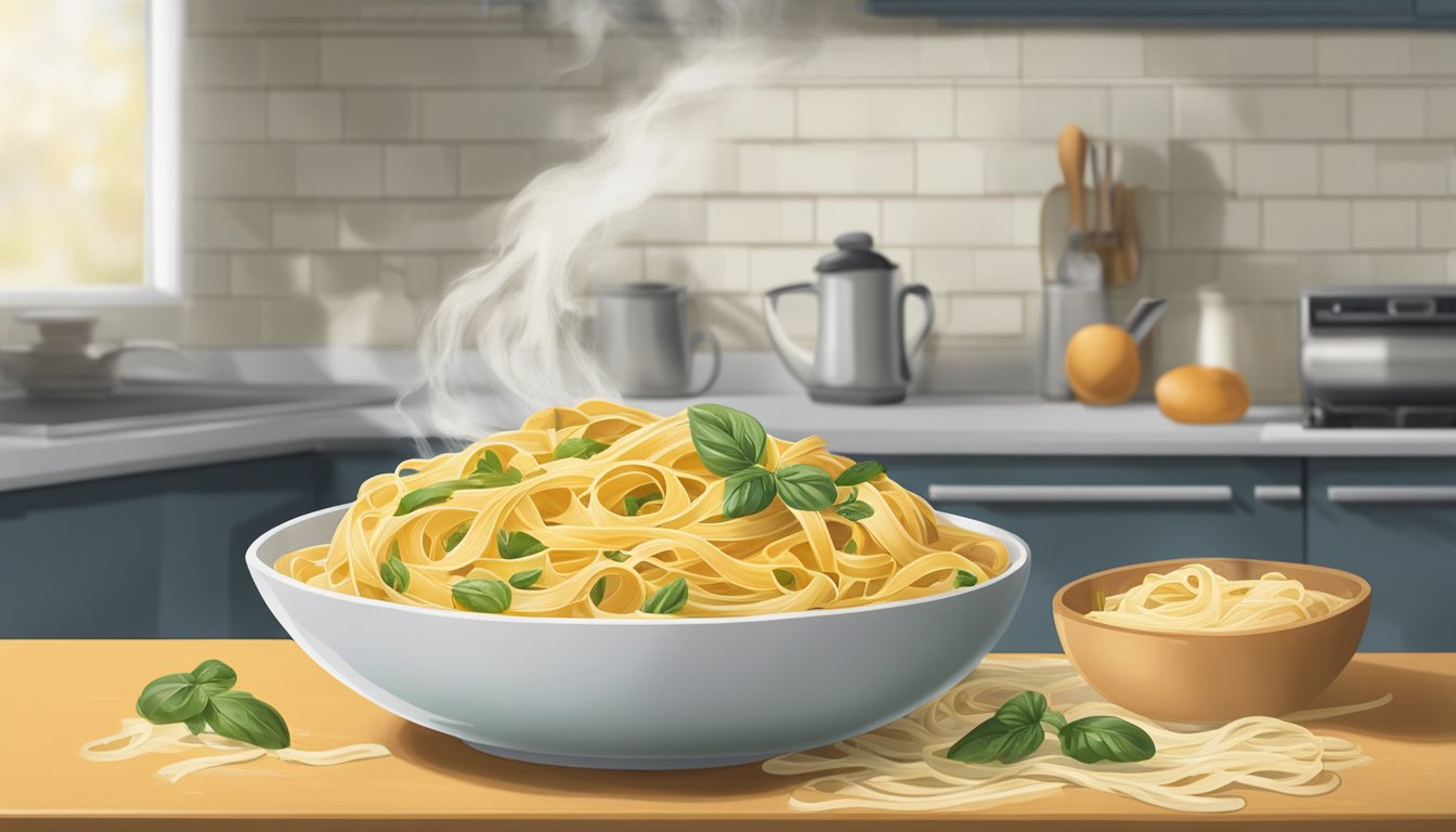 A bowl of fettuccine sits on a kitchen counter, covered in mold and emitting a foul odor