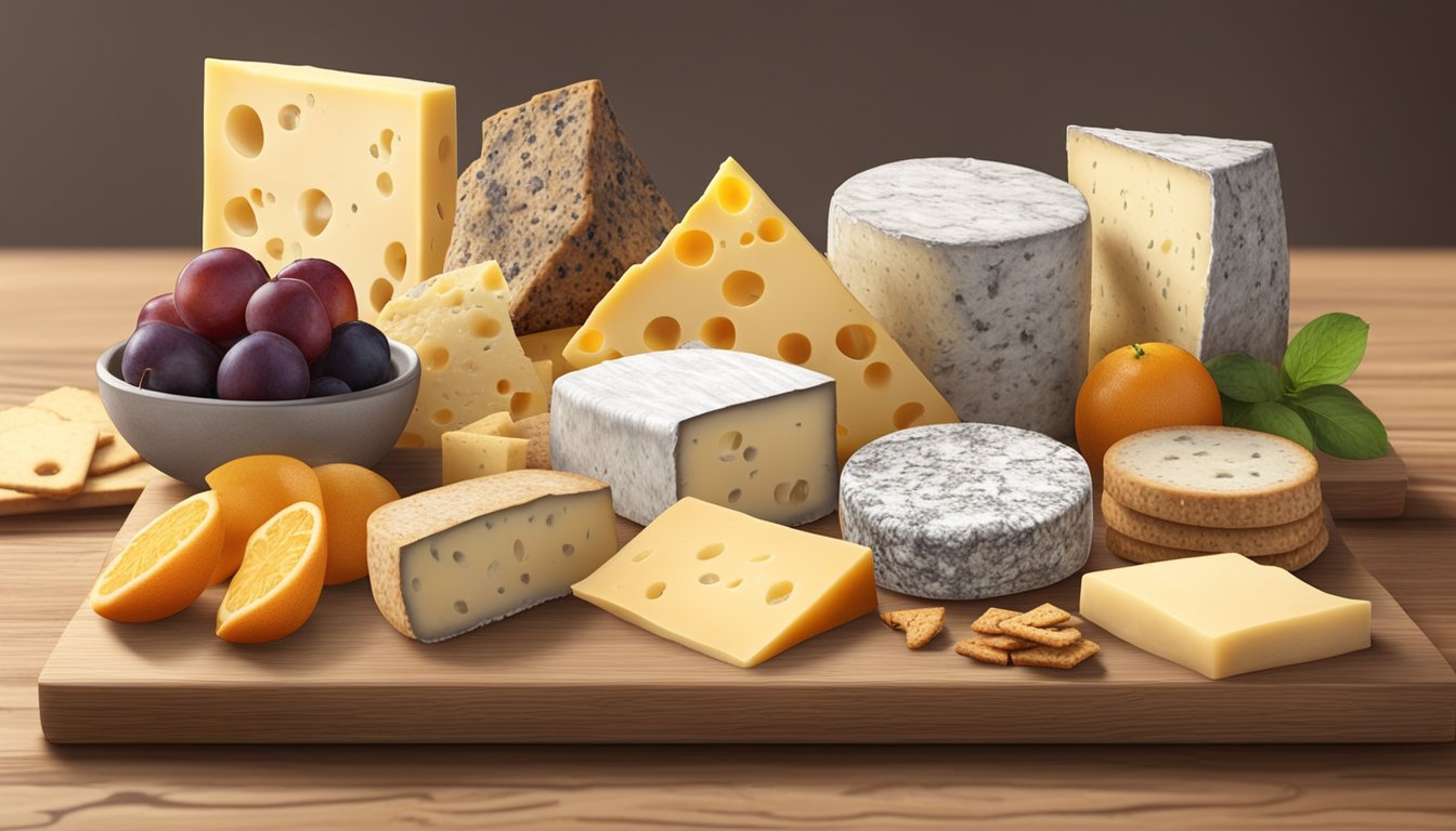 A variety of specialty cheeses displayed on a wooden board, some with visible mold, others wrapped in paper, alongside a selection of crackers and fruit