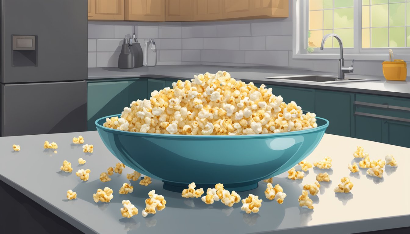 A bowl of popcorn sits on a kitchen counter with a moldy smell emanating from it. An open bag of unpopped kernels is next to it